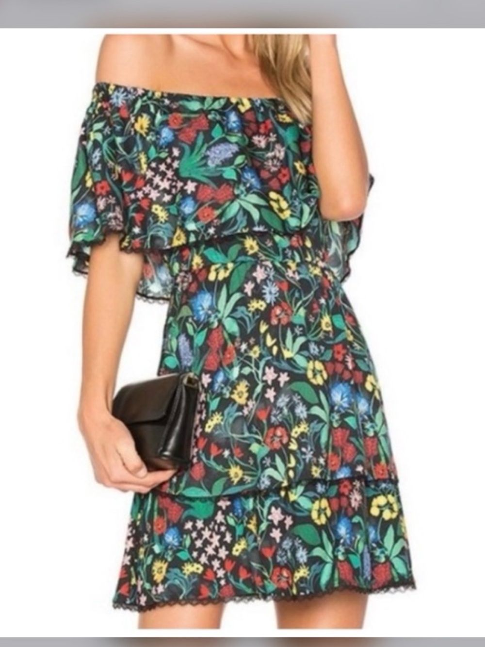 Alice + Olivia Black Floral Off-Shoulder Dress